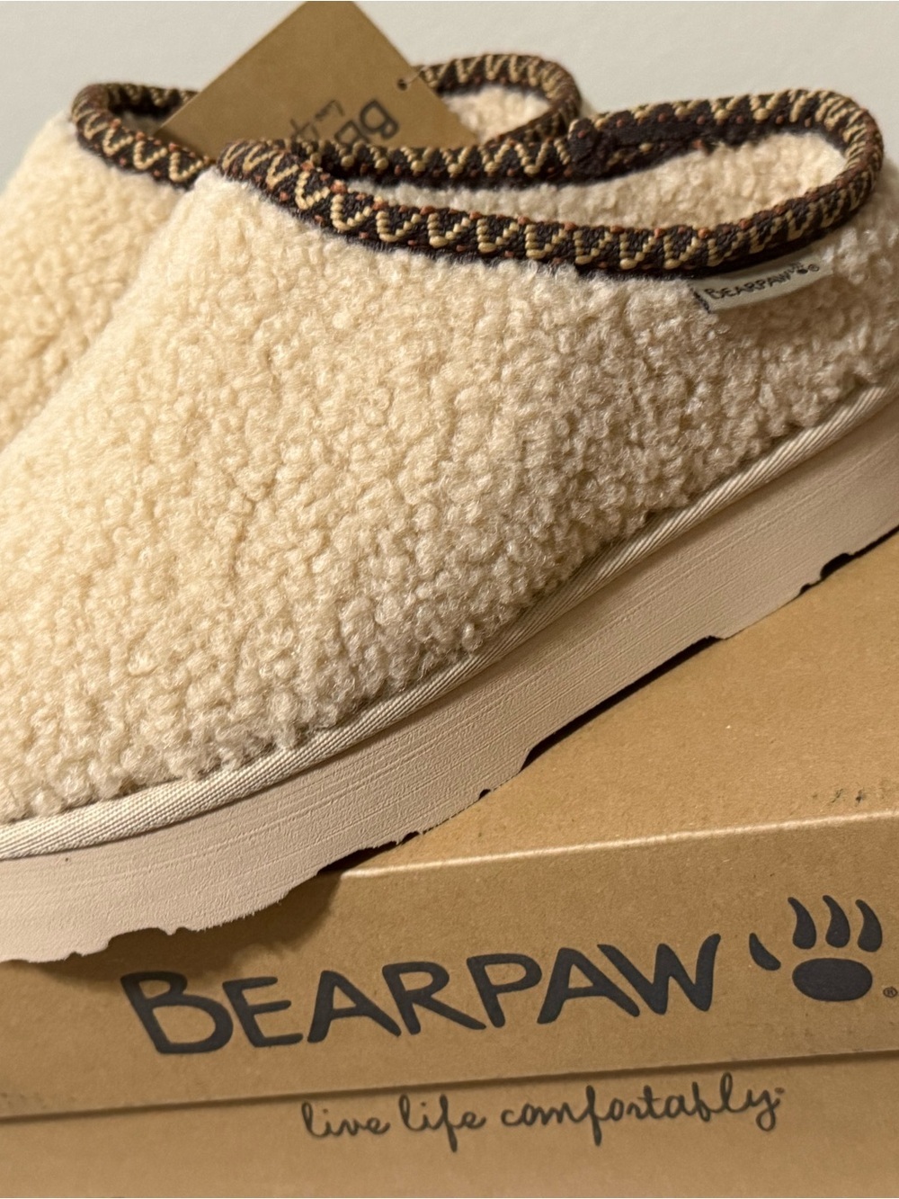 BearPaw Kids Sherpa Slip-On Slippers in Cream - Picture 3 of 7